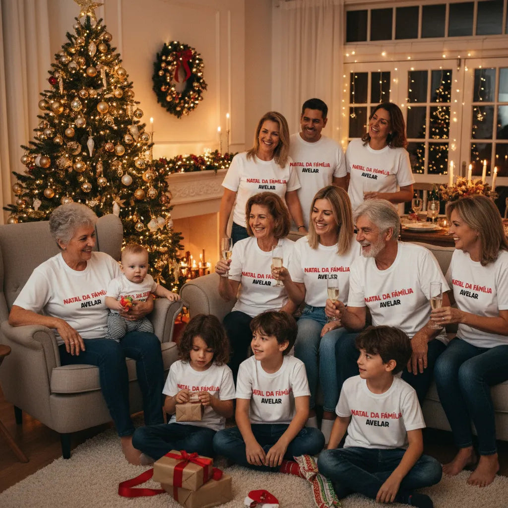 Camiseta Personalizada Natal da Família - Branca 100% Algodão